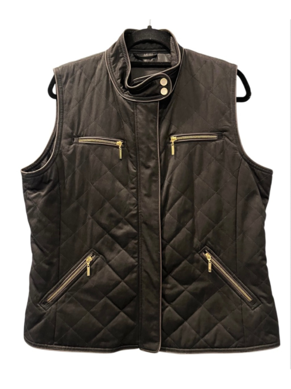 Pendleton Black Diamond Quilted Vest Gold Zipper Snap Collar Size XL Women's